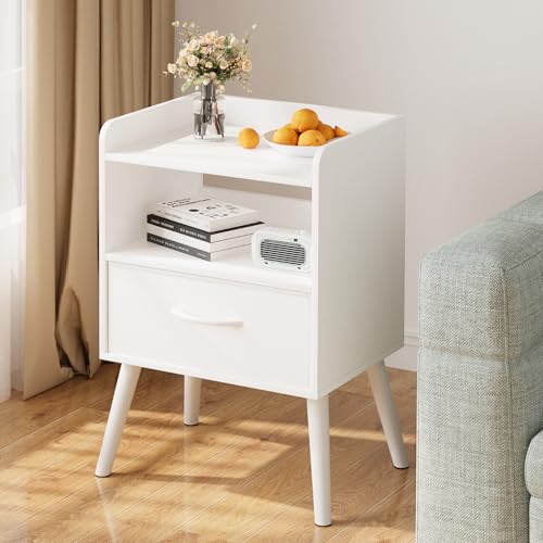 White Nightstand with Open Shelf,Small Night Stand Bedroom Bedside Table with Drawer Storage,Side Table End Table with Solid Wood Feet,Mid Century Night Stands for Office Home Sofa Couch(White) Huhote
