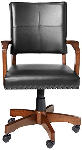 OSP Home Furnishings Deluxe Wood Banker's Chair with Antique Bronze Nailheads and Medium Brown Wood, Black Faux Leather OSP Home Furnishings