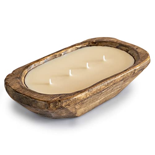 Wooden Dough Bowl Candle 10 Inch, Soy Candle, Farmhouse Candles for Table, Wood Boat 4 Wick, Décor, Unscented MAINEVENT