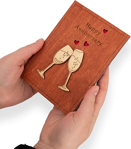 Handmade Wooden Happy Anniversary Card with Holder. Wood Wedding Anniversary Cards for Him, Husband, Her, Wife or Parents, Couple. REYJUK