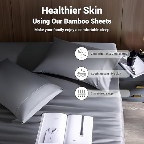 Shilucheng 4 Piece King Sheet Sets, Cooling Sheets, Blend Rayon Derived from Bamboo, Deep Pocket Up to 16", Breathable & Soft Bed Sheets, Hotel Silky Bedding Set, Dark Grey