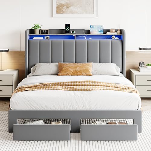 SHA CERLIN Velvet Queen Bed Frame with Vertical Channel Tufted Wingback Headboard & 2 Storage Drawers/2-Tier Shelves with LED Lights & Charging Station/Noise-Free/No Box Spring Needed/Light Grey SHA CERLIN