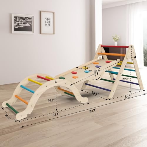 BIERUM 8 in 1 Montessori Pikler Triangle Set with Soft Cushion, Foldable Toddler Climbing Toys with Ramp for Sliding or Climbing, Wooden Jungle Gym, Indoor Playground for Toddlers and Kids, Rainbow BIERUM