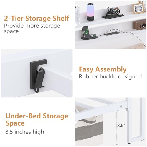 Elephance Twin Bed Frames with Charging Station and LED Lights, Metal Bed Frame with 2-Tier Storage Headboard, No Box Spring Needed, Noise Free, Easy Assembly Elephance