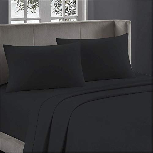 800-Thread-Count 100% Egyptian Cotton Bed Sheet, 4-Pc Olympic Queen Black Solid Sheet Set Single Ply Long Staple Cotton Yarns, Sateen Weave, Fits Mattress Upto 15" Deep Pocket Best Bedding Store