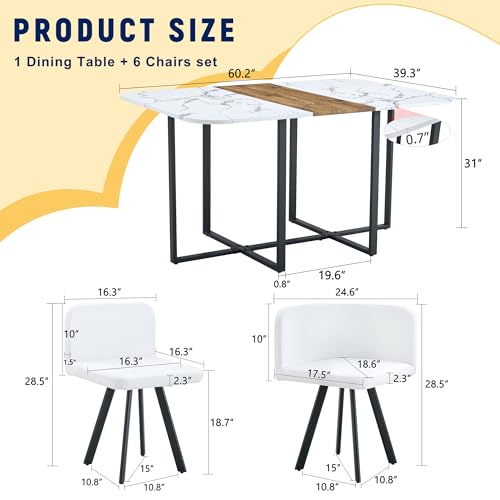 Rejeke 7-Piece Dining Room Table Set for 6,Modern Dining Table Set for 6 with Cushioned Chair, White Kitchen Table Set for Home, Apartment,Office,Conference Room, Space-Saving Rejeke