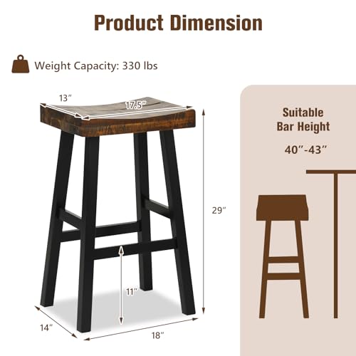 Giantex Bar Stools Set of 2, 29" Bar Height Saddle Stools, Bar Dining Chairs with Rubber Wood Frame & Footrest, Backless Barstools for Kitchen Island, Dining Room, Pub, Rustic Brown Giantex