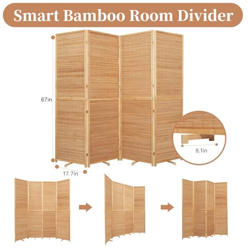 Room Divider Folding Privacy Screens, Hand-Made 67'' High Bamboo Room Dividers Freestanding 2-in-1 Multifunction 4 Panel Wall Divider for Room Separation, Portable Room Partitions and Dividers HOMSCREENER