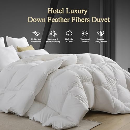 KUSNUG Hotel Luxury Down Fibers Comforter Twin Size - All Season Duvet Insert with Egyptian Cotton Blend Shell, High Fill-Power Hypoallergenic Fluffy Down Feather Fibers Filled, White 68x90 Inch KUSNUG