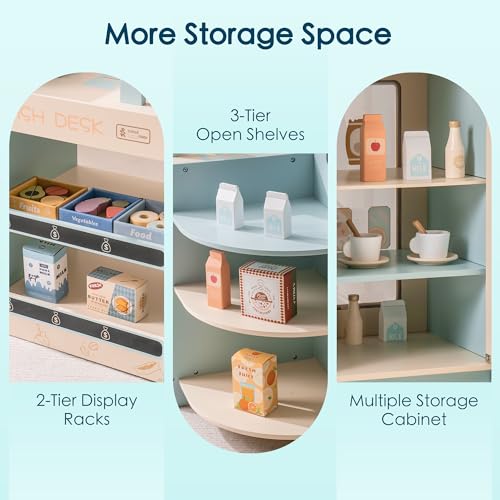 ROBUD Grocery Store Playset, Kids Play Store, Wooden Supermarket Playset with Cash Register, Chalkboard, Vending Machine, Coffee Machine, Oven, Play Food Accessories, Gift for Boys Girls 3+ ROBUD