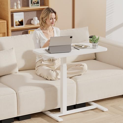 GTPLAYER Small Standing Desk with Hidden Wheels, Pneumatic Mobile Rolling Laptop Desk, Adjustable Height Overbed Bedside Table Computer Workstation for Home Office (28" W x 16" D, White) GTPLAYER