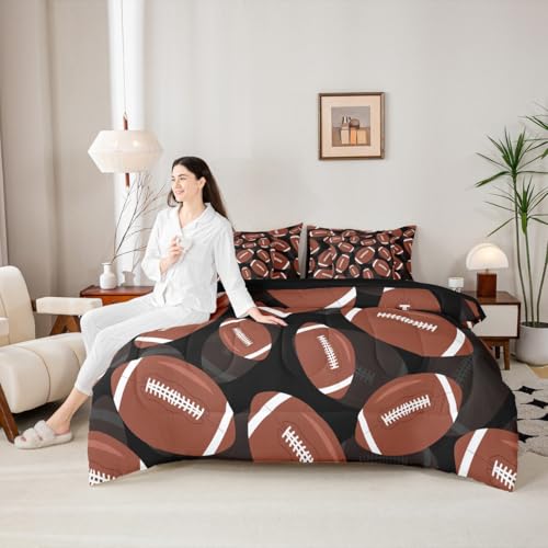 Erosebridal Football 7 Piece Bedding Set Twin Rugby Comforter Set with Sheets Ball Games Gaming Sports Kids Boys Men Girls Bed in A Bag Competition Black Brown Bed Sets Erosebridal