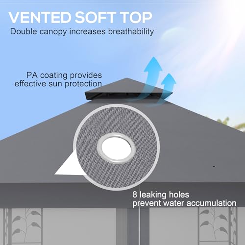 Outsunny 10' x 11.5' Metal Patio Gazebo, Double Roof Outdoor Gazebo Canopy Shelter with Tree Motifs Corner Frame and Netting, for Garden, Lawn, Backyard, and Deck, Gray Outsunny