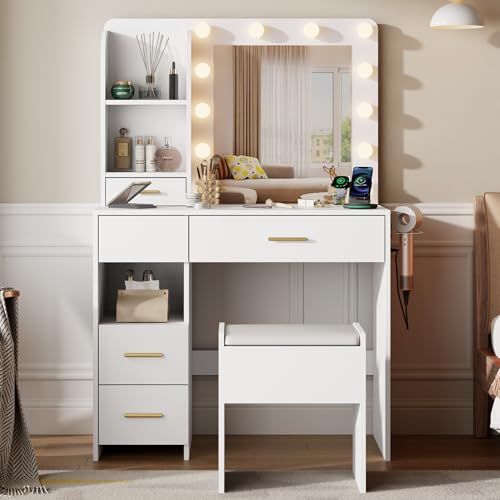 Furnivado Vanity Desk with Mirror and Lights, 3 Adjustable Lighting Makeup Vanity Desk with 3 Storage Shelves, 5 Large Drawers and Power Outlet, Vanity with Chair for Bedroom, White Furnivado