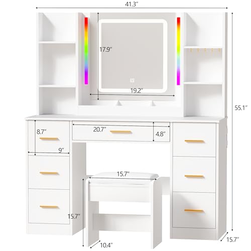 ANWBROAD Makeup Vanity Desk with Mirror and Lights 3 Colors Large Vanity Table with 7 Drawers & RGB Lights White Makeup Table with Charging Station 6 Storage Shelves Stool for Bedroom Women UBDT96W ANWBROAD