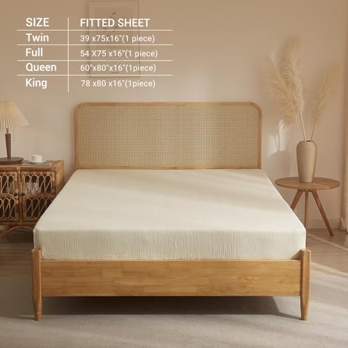 100% Muslin Cotton Cream Fitted Sheet Twin Only with 16" Elastic Deep Pocket, 1 Pack Soft Breathable Absorbent Gauze Single Fitted Bottom Sheet, Minimalist Fluffy Wrinkle Mattress Protector YASMENG
