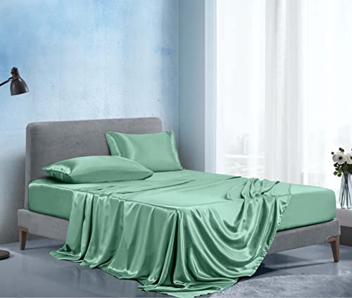 Manyshofu Satin Queen Sheets 4 Piece Set - Luxury Cooling Bedding Set, Sage Green - Fitted Sheet, Flat Sheet, 2 Pillow Cases Manyshofu