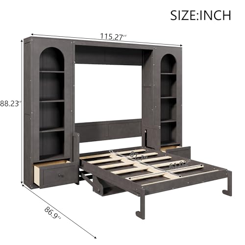 Merax Queen Size Murphy Platform Bed with Shelf, Side Cabinets, Drawers and LED, Gray Merax
