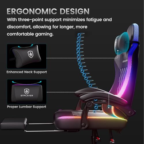 GTPLAYER RGB Ergonomic Gaming Chair with Massage, Footrest, LED Lights, Lumbar Support - Computer Chair with Linkage Armrest, Video Game Chairs PC Game Chairs for Adults GTPLAYER