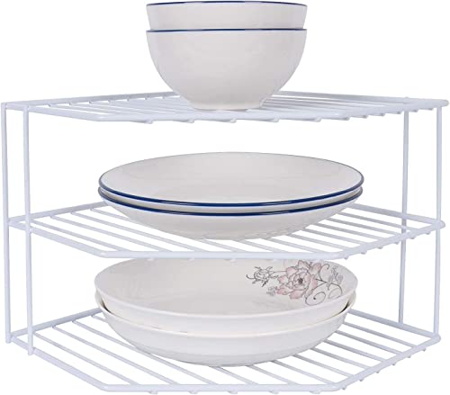 JBESUHI 3-Tier Corner Shelf Counter and Cabinet Organizer -Countertop Organizer - Cabinet Corner Rack for Plate - Cabinet & Pantry Kitchen Organization (White) JBESUHI