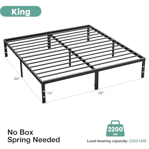 Sweetcrispy Bed Frame King - Heavy Duty No Box Spring Needed Metal Platform Bedroom Frames with Storage Space, 14 Inches High, Sturdy Steel Slat Support, Black Sweetcrispy