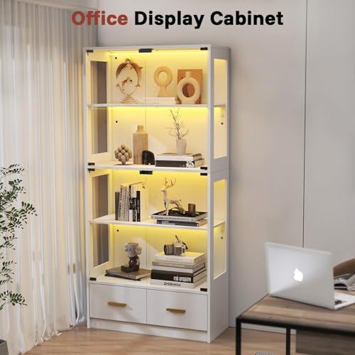 Lamtor Glass Display Cabinet with Doors - Curio Cabinet with Dynamic LED Lights for Collectibles, 67" Display Case with 4 Tier and Drawers for Figure, Toys, Books, White Lamtor