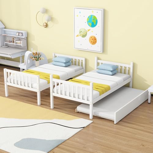 Twin Over Twin Bunk Bed with Trundle, Convertible into Two Twin Platform Beds, Wood Bed Frame with Ladder & Safety Guardrails, Space-Saving Design for Kids & Guests, No Box Spring Needed (White) XEPAMU
