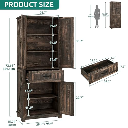 YITAHOME 72.6" H Farmhouse Kitchen Pantry Cabinet, Freestanding Tall Storage Cabinet with 4 Doors, Drawer and Adjustable Shelves, Tall Cupboard for Dining Room, Living Room, Dark Rustic Oak YITAHOME
