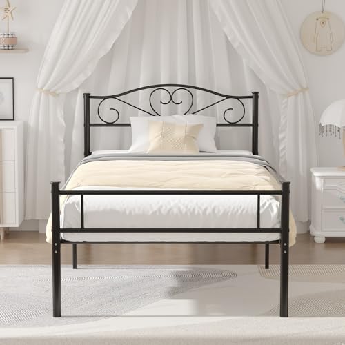VECELO Metal Platform Bed Frame with Headboard & Footboard, Steel Slats Mattress Foundation, No Box Spring Needed, Twin, Matte Black VECELO