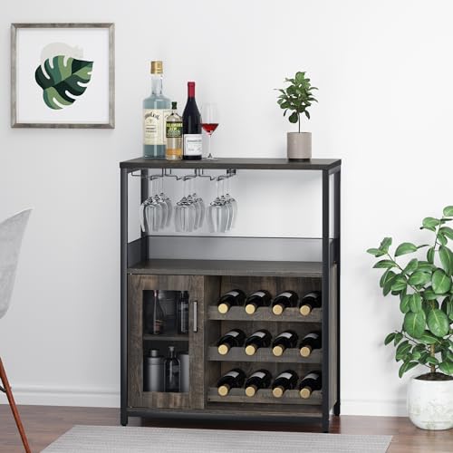 IDEALHOUSE 3-Tier Wine Bar Cabinet with Detachable Wine Rack and Storage Space, Buffet Cabinet with Glass Holder and Mesh Door, for Kitchen, Living Room and Bar (Dark Wood) IDEALHOUSE