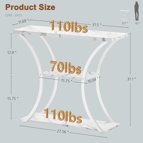 Hoctieon 3 Tier Console Table with Open Wood Shelves, Decorative Entryway Table with Curved Metal Frames, Narrow Sofa Table for Entrance, Living Room, Hallway, White Marbled Hoctieon