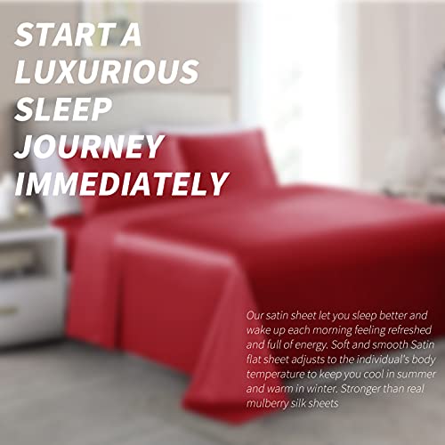 Cobedzy 3 Pcs Red Satin Sheets Twin Size Silky Satin Bedding Sheets Set with 1 Deep Pocket Fitted Sheet, 1 Flat Sheet, 1 Pillowcase Cobedzy