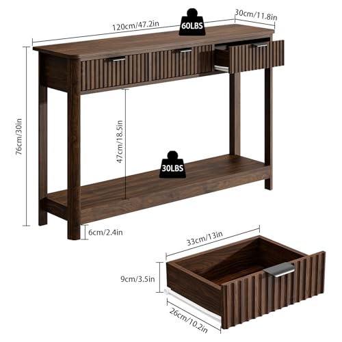 RUSTOWN Fluted Wood Console Table with 3 Drawers, Boho Narrow Behind Couch Entryway Table with Open Storage Shelf, Modern Sofa Table for Living Room, Foyer and Hallway (Dark Walnut) RUSTOWN