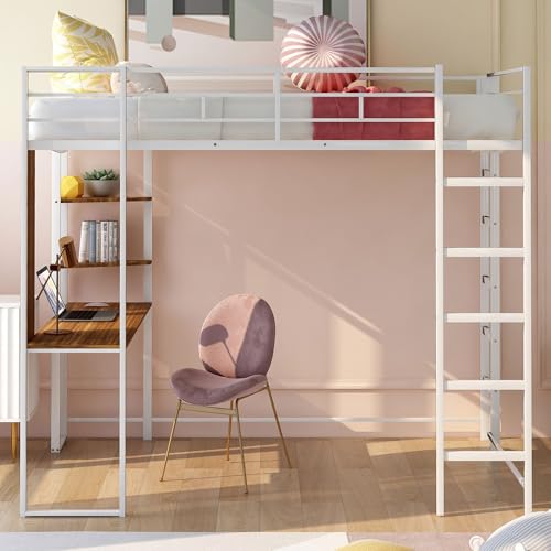 Bellemave Full Size Metal Loft Bed with Desk and Storage Shelves,Heavy Duty Loft Bed Frame with Safety Guardrail for Kids Teens Adults,Space Saving,White Bellemave