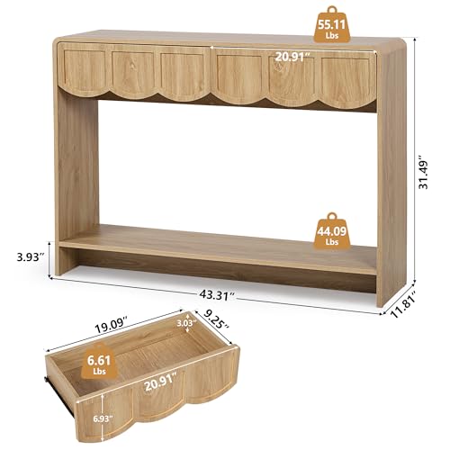ORRD Console Table with Drawers, Mid-Century 43 Inches Narrow Entryway Table with Open Storage Shelves, Hallway Accent Tables Behind Couch Tables for Living Room - Natural ORRD