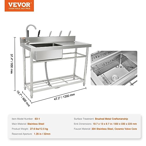 VEVOR Stainless Steel Utility Sink, Free Standing Single Bowl Commercial Kitchen Sink Set w/Workbench, 47 x 19.7 x 37.4 in Commercial Single Bowl Sinks for Garage, Restaurant, Laundry, NSF Certified VEVOR