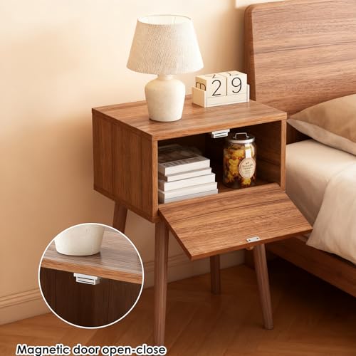 Fixwal Nightstands Set of 2 with Fluted Door, Small End Table with Solid Wood Feet for Bedroom Small Space, Modern Mid-Century Bedside Table, Natural Walnut, 13.8 x 10.6 x 21.3in Fixwal