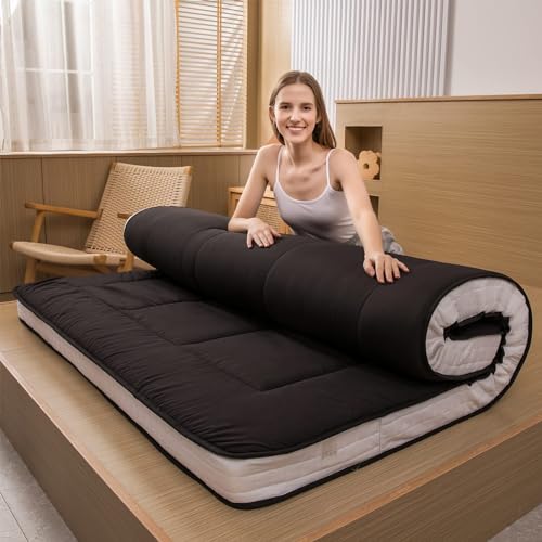 MAXYOYO Futon Mattress, Padded Japanese Floor Mattress Quilted Bed Mattress Topper, Extra Thick Folding Sleeping Pad Breathable Floor Lounger Guest Bed for Camping Couch, Black, Full Size MAXYOYO