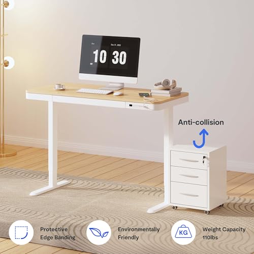 FLEXISPOT Comhar Electric Standing Desk with Drawer Desktop & Adjustable Frame w/USB Charge Ports (Bamboo-Look Laminate/White, Wood) FLEXISPOT