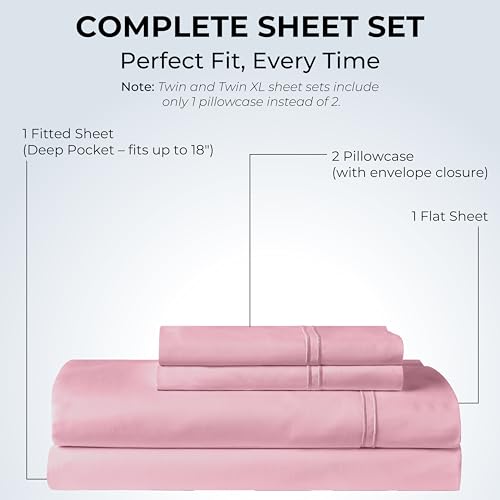 Mayil Manor 100% Natural Cotton Sheets Queen Size Bed Set | 500 TC Single-Ply Sateen Weave | Soft, Breathable, Hypoallergenic Solid 4-Piece Bedding with Deep Pocket Fitted, Flat, Pillowcase | Blush Mayil Manor
