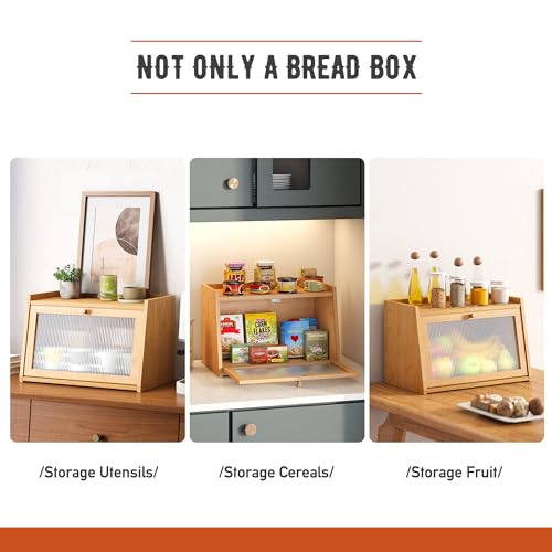 GHWIE Large Bread Box, Easy Access & Cleaning - Bamboo Bread Box for Kitchen Countertop with Acrylic Door,Natural GHWIE
