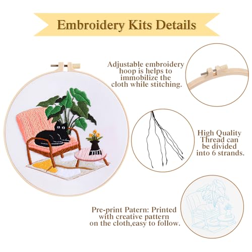 LOMOHOO 4 Sets Cat Embroidery Kit for Beginners, Cute Cat Pattern, Starter Craft DIY Embroidery Sets (Black Cat)