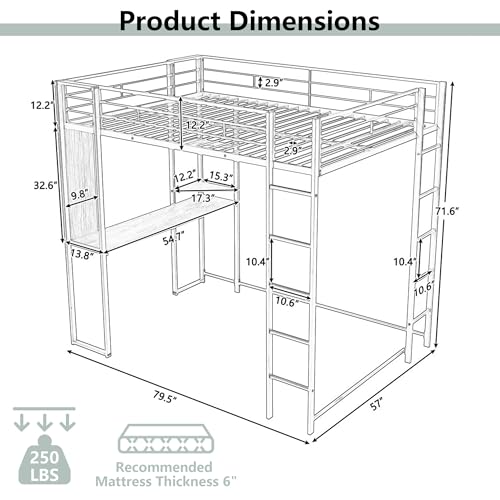 Bellemave Full Size Loft Bed with Desk and 2 Shelves, Metal Loft Bed Frame with 2 Ladders and Guardrails for Kids Teens (Black/Full) Bellemave