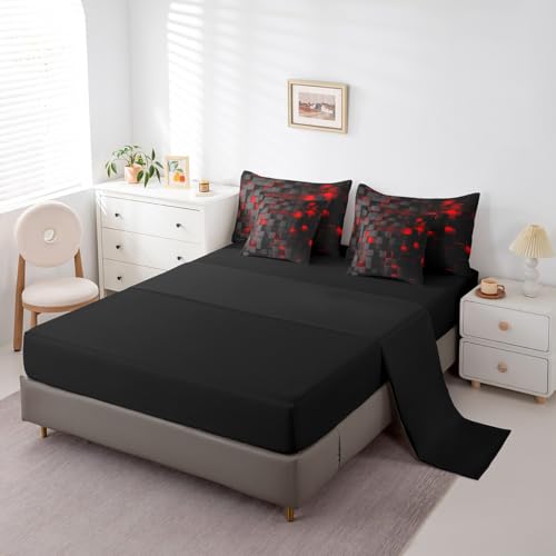 Feelyou Red and Black Bedding Set Full Size Light Geometric Comforter Set with Sheets 7 Piece for Kids Boys Girls Decor Bed in a Bag Modern Bed Set Feelyou