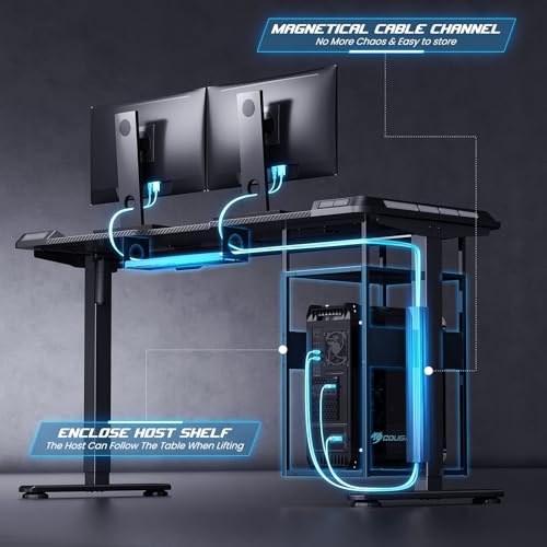 Gaming Standing Desk with LED Lights & Host Shelf, 55" x 24" Gaming Table with Music Sensing APP Control, Underdesk Cable Storage Electric Standing Desk, Black Carbon Fiber PC Table for Home Office Flycity