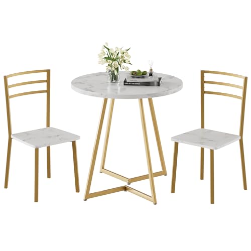 VECELO Small Round Dining Table Set for 2, Wood Tabletop with Strong Metal Frame, Modern Dinette with Chairs for Kitchen, Breakfast Nook Living Room, White & Gold VECELO