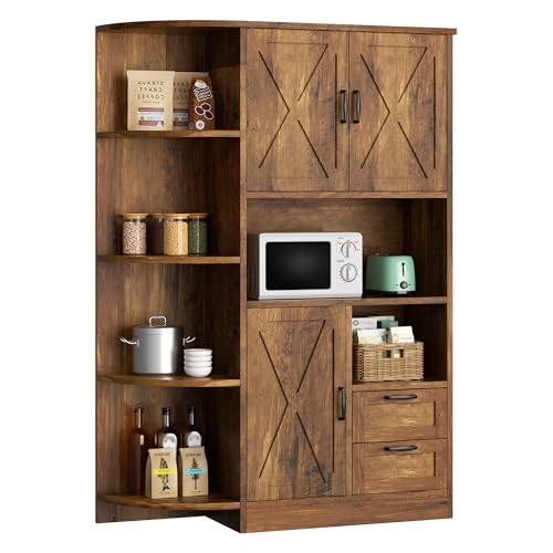 SUNLEI 60.4" Tall Kitchen Pantry Storage Cabinet with Microwave Shelf, Freestanding Farmhouse Kitchen Pantry, Wooden Pantry Cupboard Storage with Drawers and Open Shelves for Dining Room, Brown SUNLEI