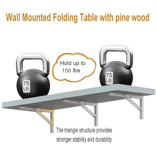 IAE Wall Mounted Folding Table with Pine Wood,55" x 16" Floating Wall Desk,Laundry Folding Table with Shelf Brackets,Fold Down Desk Shelf,Folding Workbench for Home,Dining,Laundry Room,Kitchen,White IAE