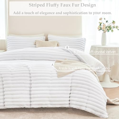ANGIYUIN 3 Pieces White Duvet Cover Sets Twin Faux Fur Fluffy Bedding Cover Sets for Kids Girls Teens Soft Fuzzy Comforter Cover Sets for All Season(White Twin) ANGIYUIN