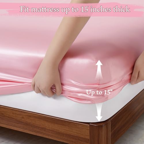 P Pothuiny 3-Piece Set Pintuck Satin Pillowcases & Full Fitted Sheet, Blush Pink Satin Sheet Silky Soft Luxury Romantic Pinch Pleated Bedding Bedroom Dorm Decor, 15 Inch Deep Pocket P Pothuiny